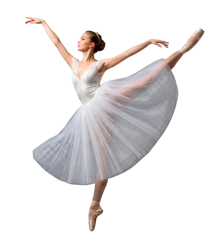 Bailarina clássica de figurino branco em pose elegante